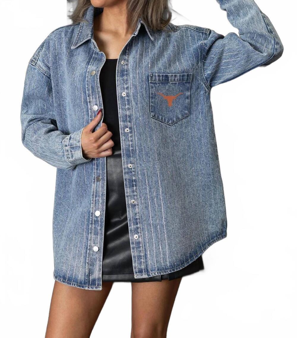NEW GAMEDAY COUTURE texas longhorn micro rhinestone shirt in gray denim wash / o